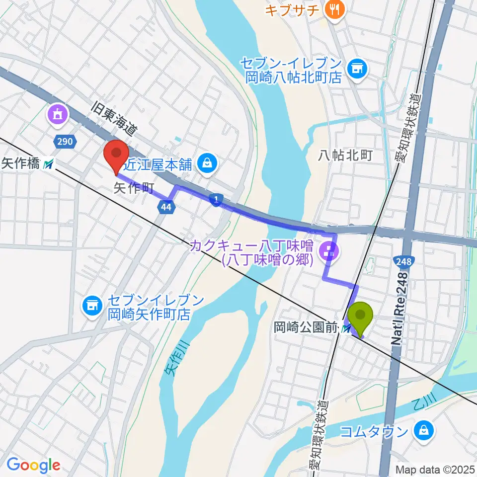 岡崎公園前駅からパピーミュージックスクール岡崎矢作教室へのルートマップ地図