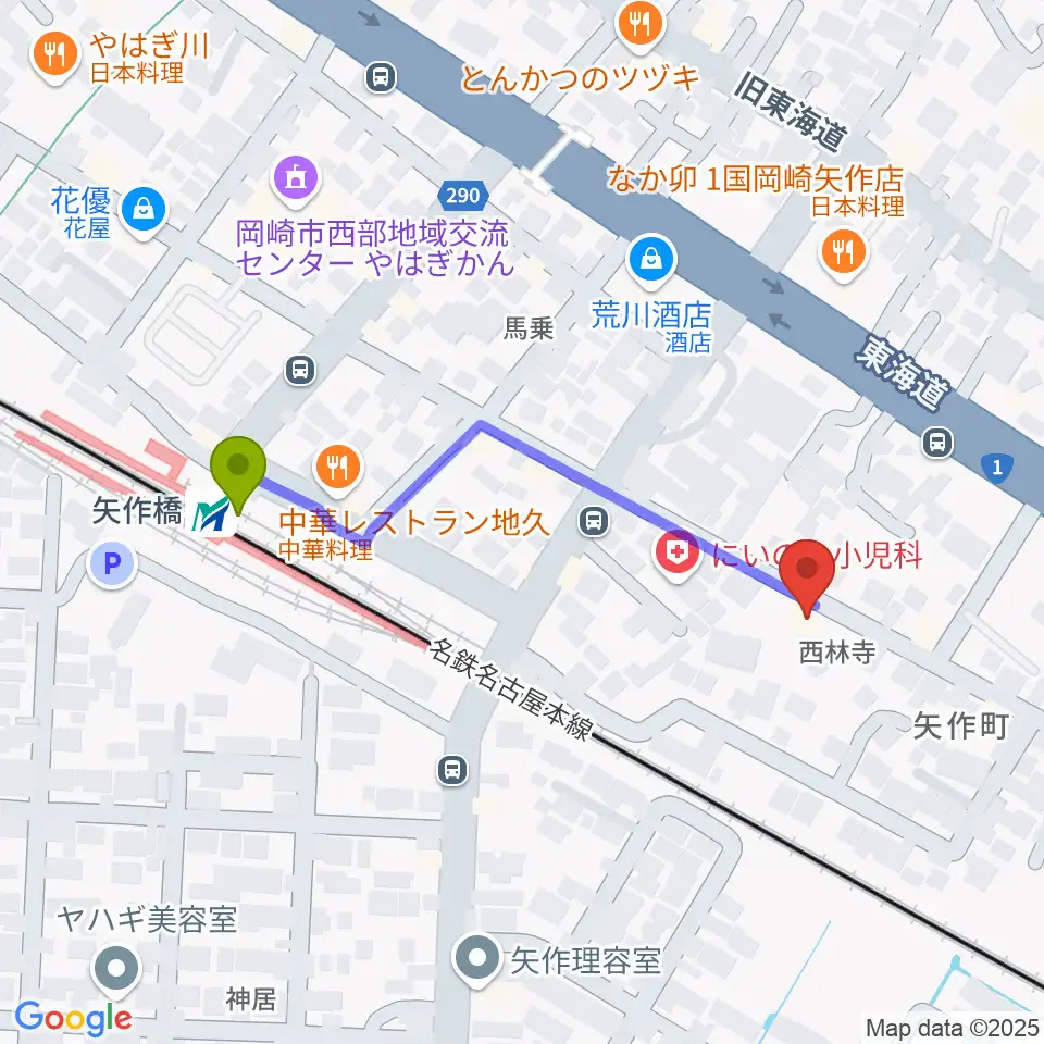 パピーミュージックスクール岡崎矢作教室の最寄駅矢作橋駅からの徒歩ルート（約4分）地図