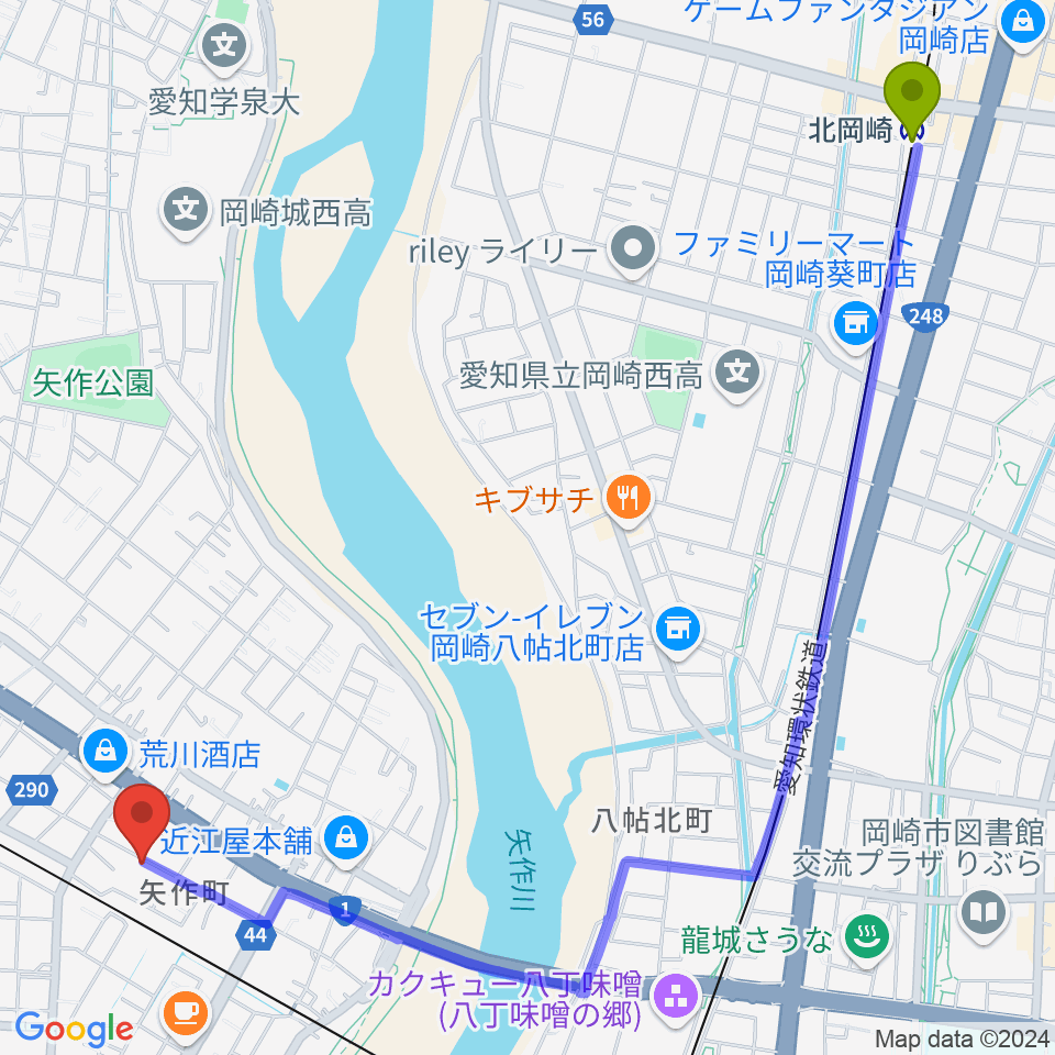 北岡崎駅からパピーミュージックスクール岡崎矢作教室へのルートマップ地図