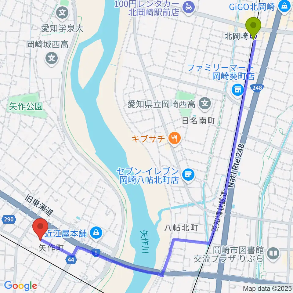 北岡崎駅からパピーミュージックスクール岡崎矢作教室へのルートマップ地図