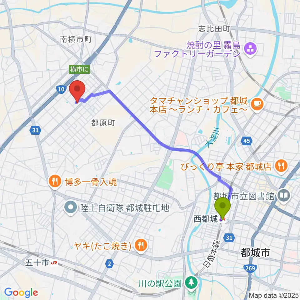 西都城駅から東別府ギター教室へのルートマップ地図