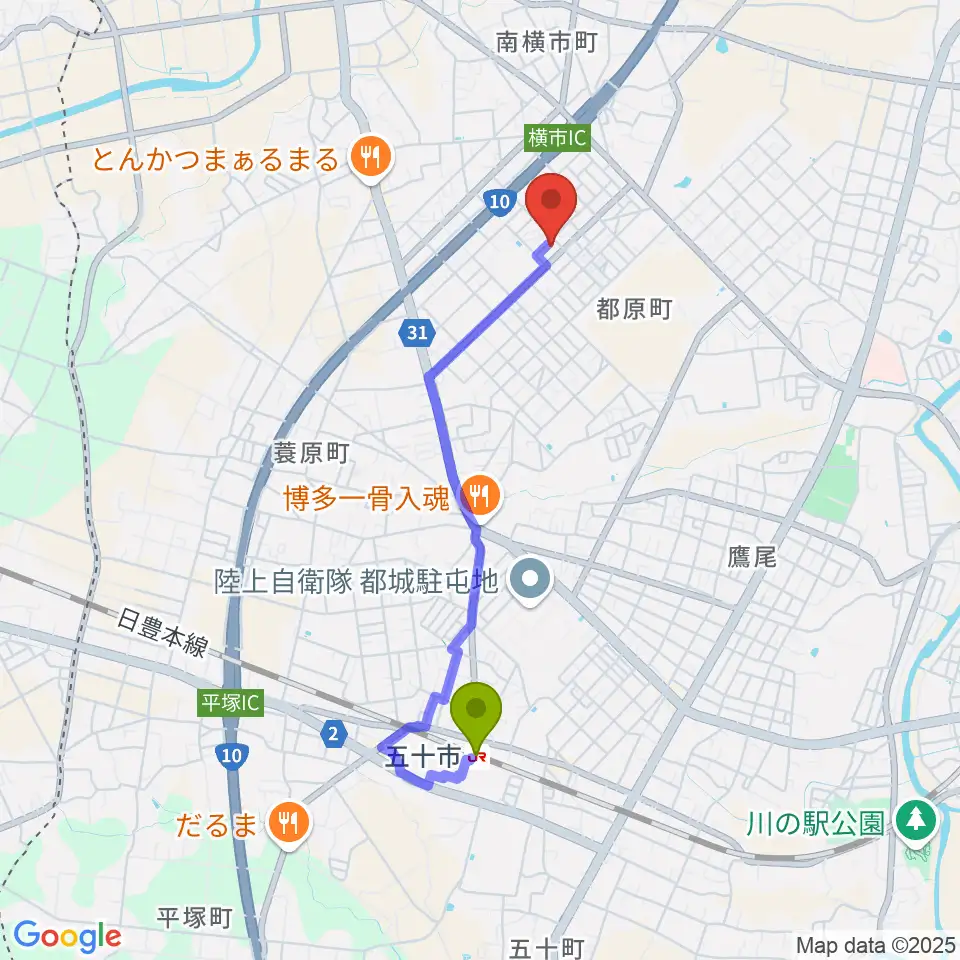 東別府ギター教室の最寄駅五十市駅からの徒歩ルート（約35分）地図