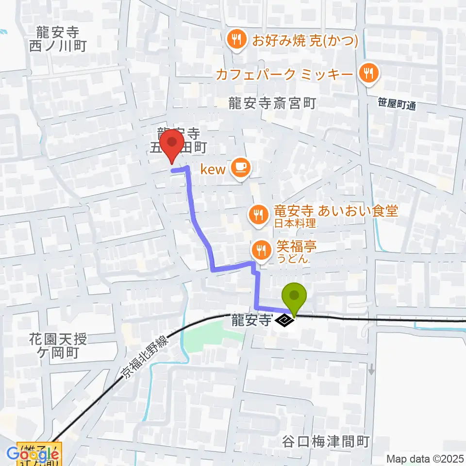 岡田ギター教室の最寄駅龍安寺駅からの徒歩ルート（約3分）地図