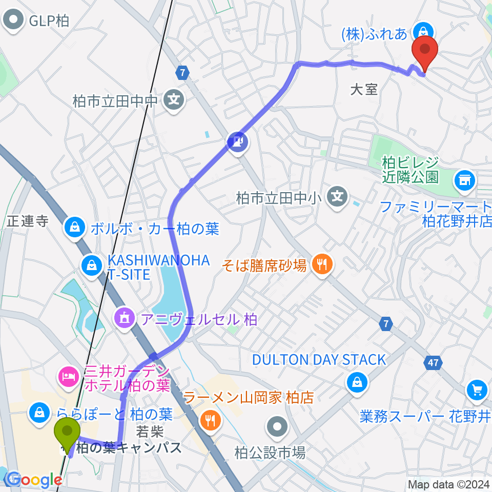 柏の葉キャンパス駅から日本芸術育成学院 NANAへのルートマップ地図