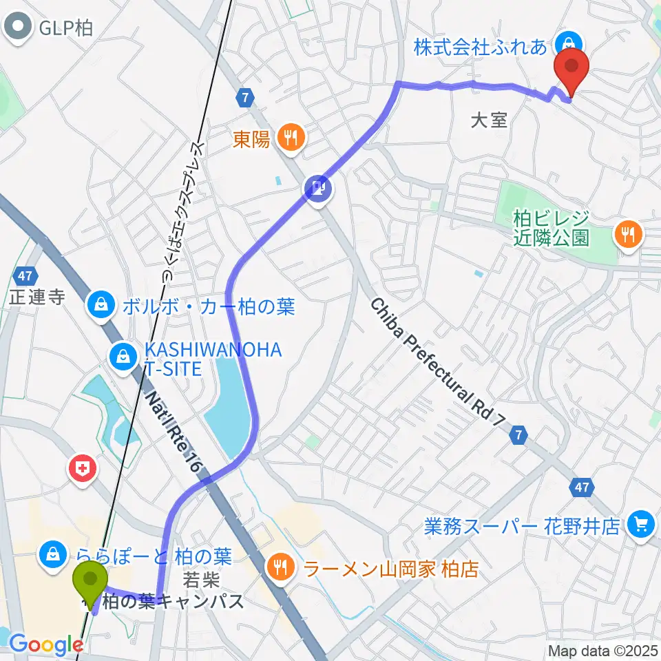 柏の葉キャンパス駅から日本芸術育成学院 NANAへのルートマップ地図