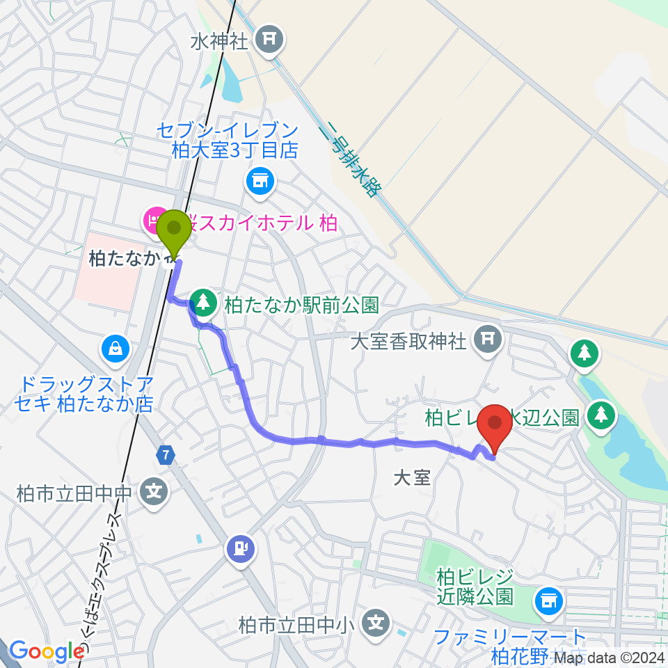 日本芸術育成学院 NANAの最寄駅柏たなか駅からの徒歩ルート（約17分）地図