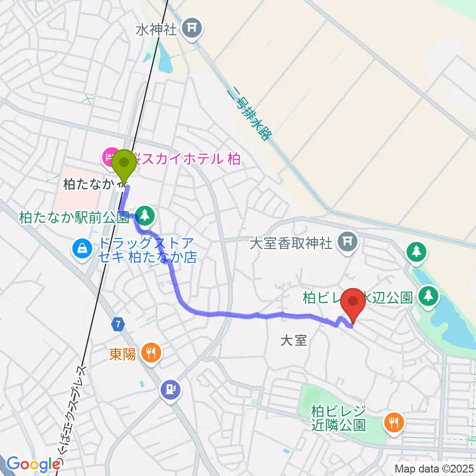 日本芸術育成学院 NANAの最寄駅柏たなか駅からの徒歩ルート（約17分）地図