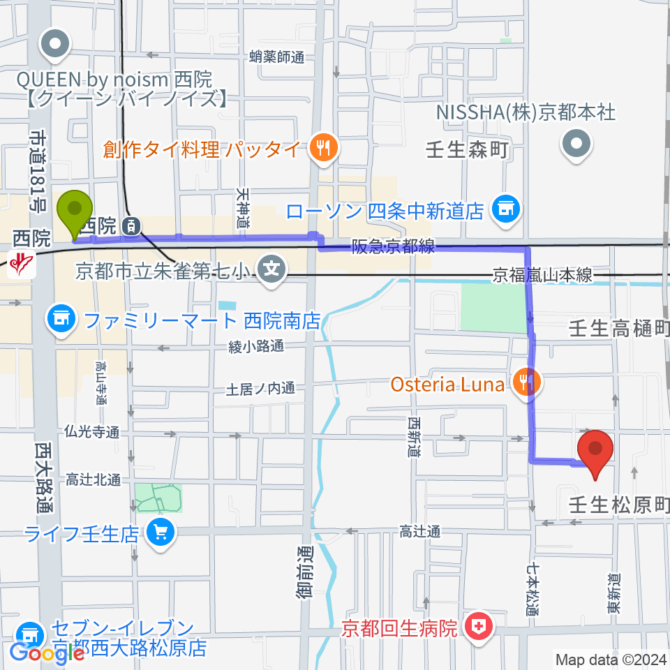 西院駅からたけいち音楽教室へのルートマップ地図