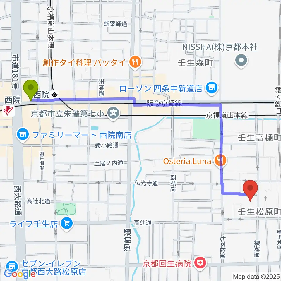 西院駅からたけいち音楽教室へのルートマップ地図