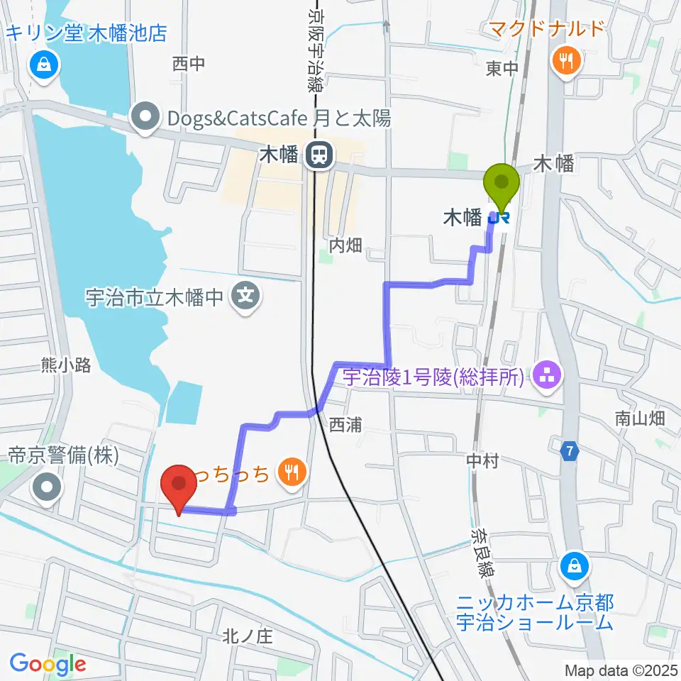 木幡駅から安井音楽教室へのルートマップ地図