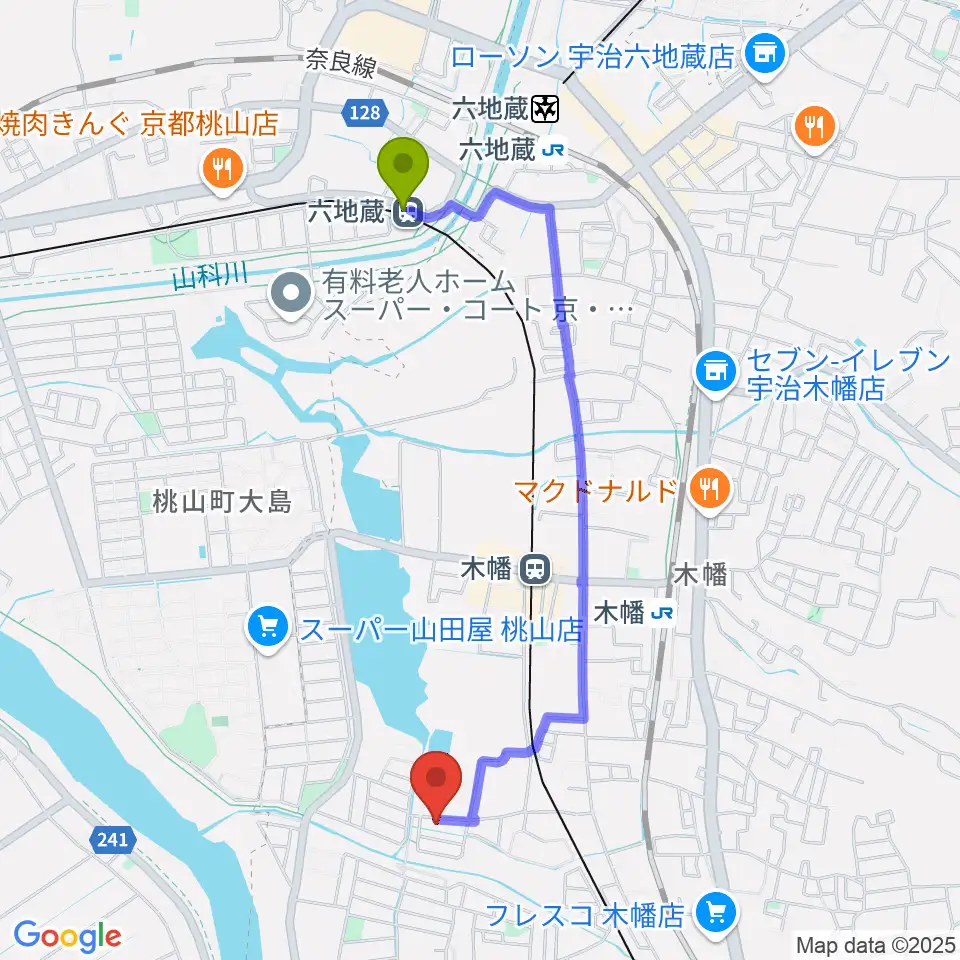 六地蔵駅から安井音楽教室へのルートマップ地図