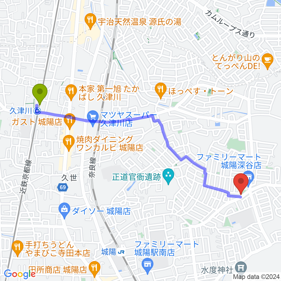 久津川駅からスタジオスキップへのルートマップ地図