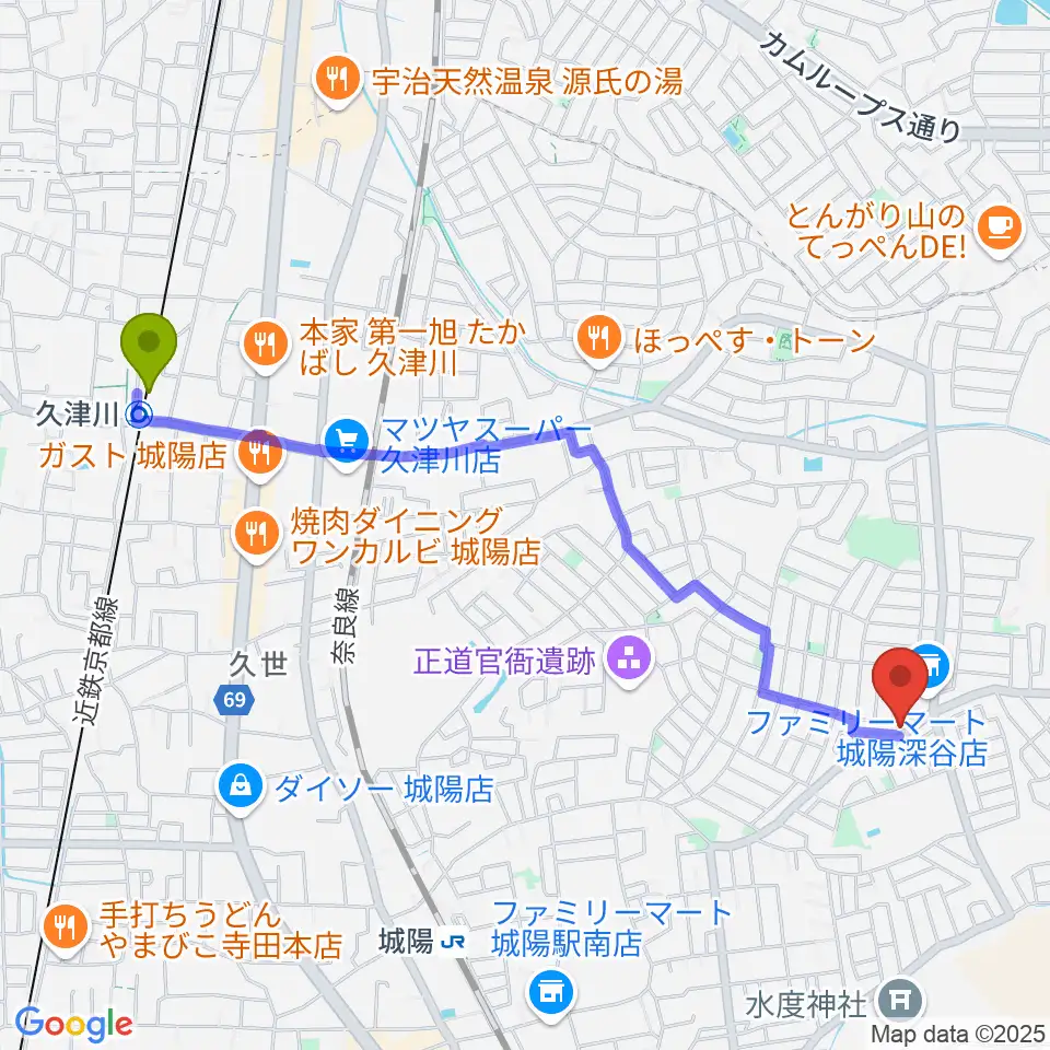 久津川駅からスタジオスキップへのルートマップ地図