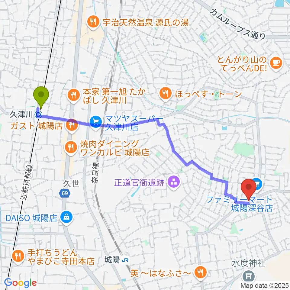 久津川駅からスタジオスキップへのルートマップ地図