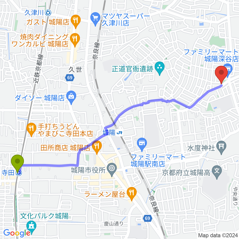 寺田駅からスタジオスキップへのルートマップ地図