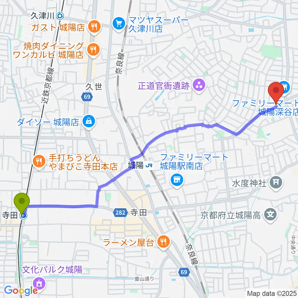 寺田駅からスタジオスキップへのルートマップ地図