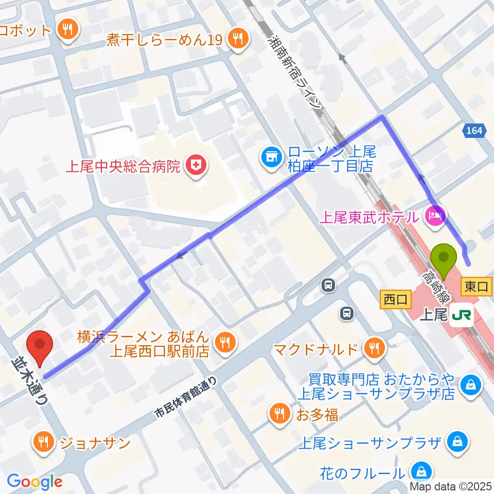 平山ピアノ教室の最寄駅上尾駅からの徒歩ルート（約6分）地図