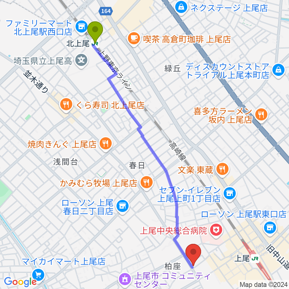 北上尾駅から平山ピアノ教室へのルートマップ地図