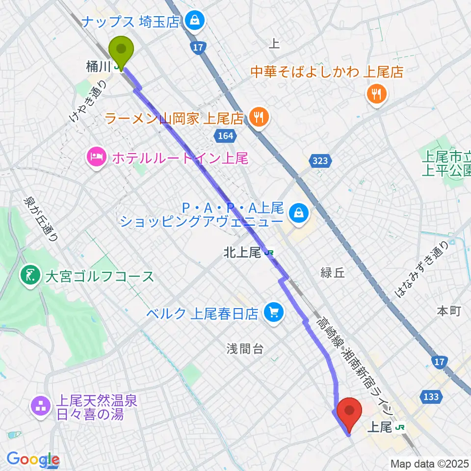 桶川駅から平山ピアノ教室へのルートマップ地図