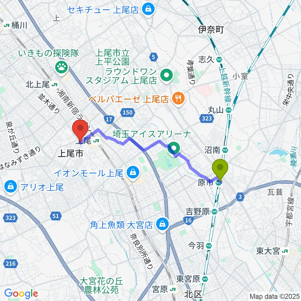 原市駅から平山ピアノ教室へのルートマップ地図