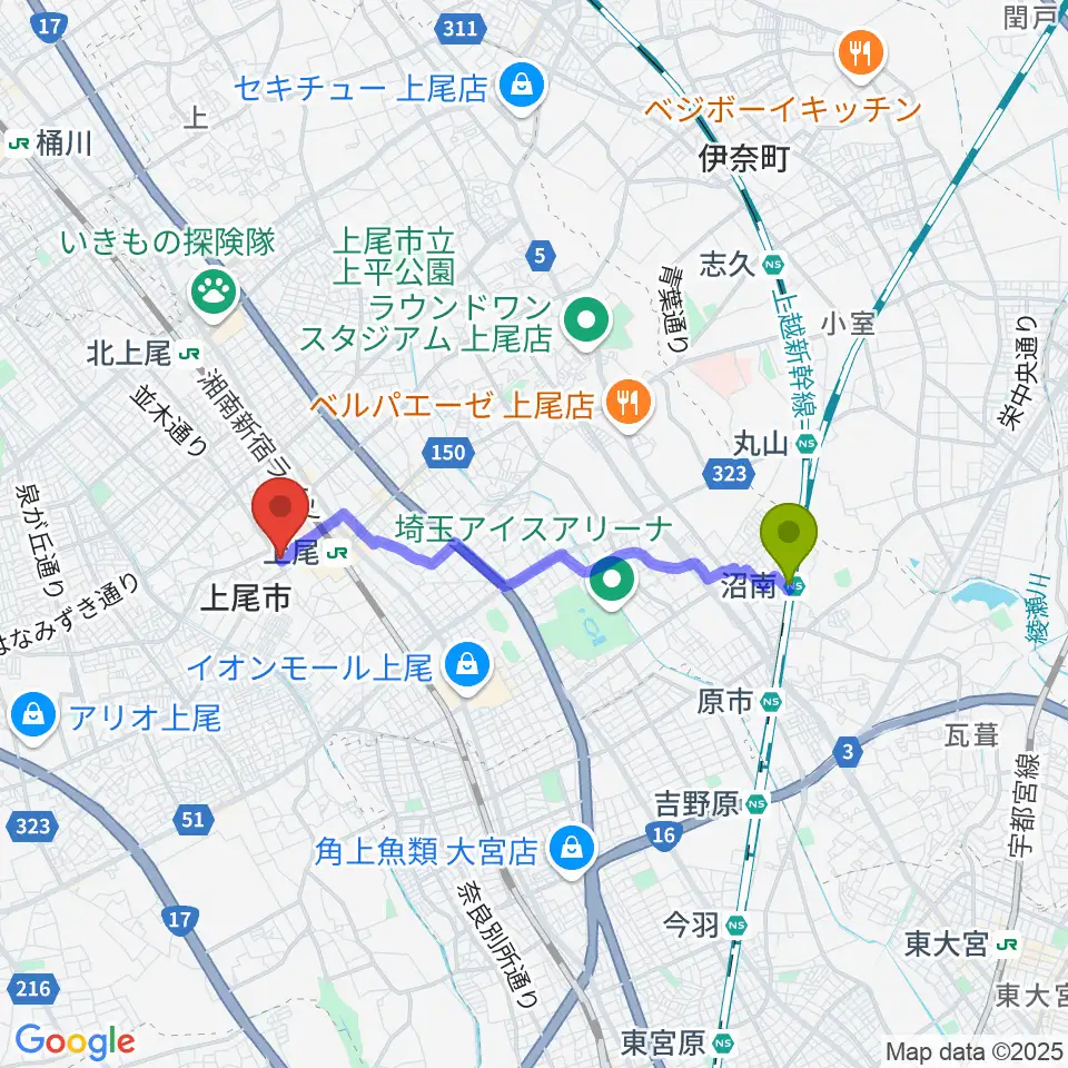 沼南駅から平山ピアノ教室へのルートマップ地図