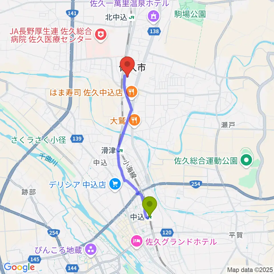 中込駅からカノンミュージックへのルートマップ地図