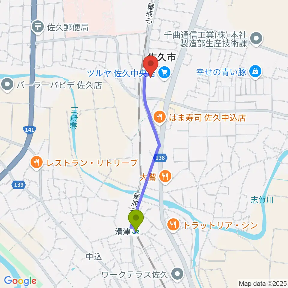 滑津駅からカノンミュージックへのルートマップ地図