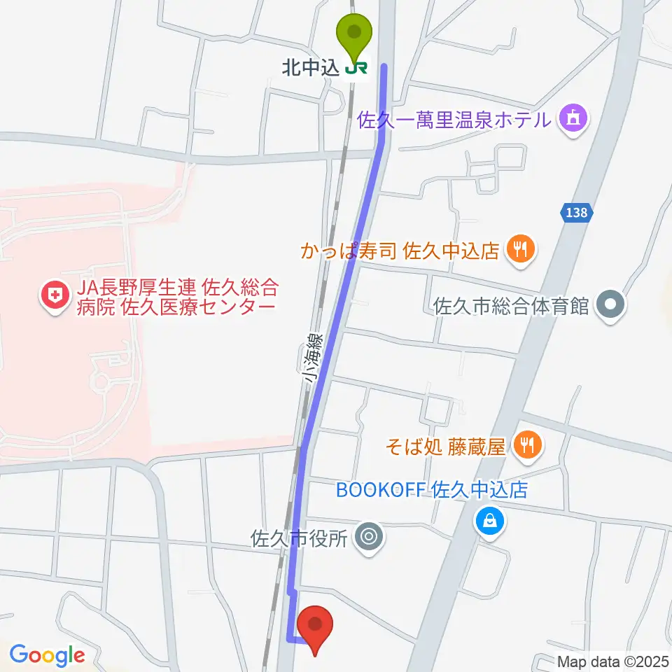 カノンミュージックの最寄駅北中込駅からの徒歩ルート（約14分）地図