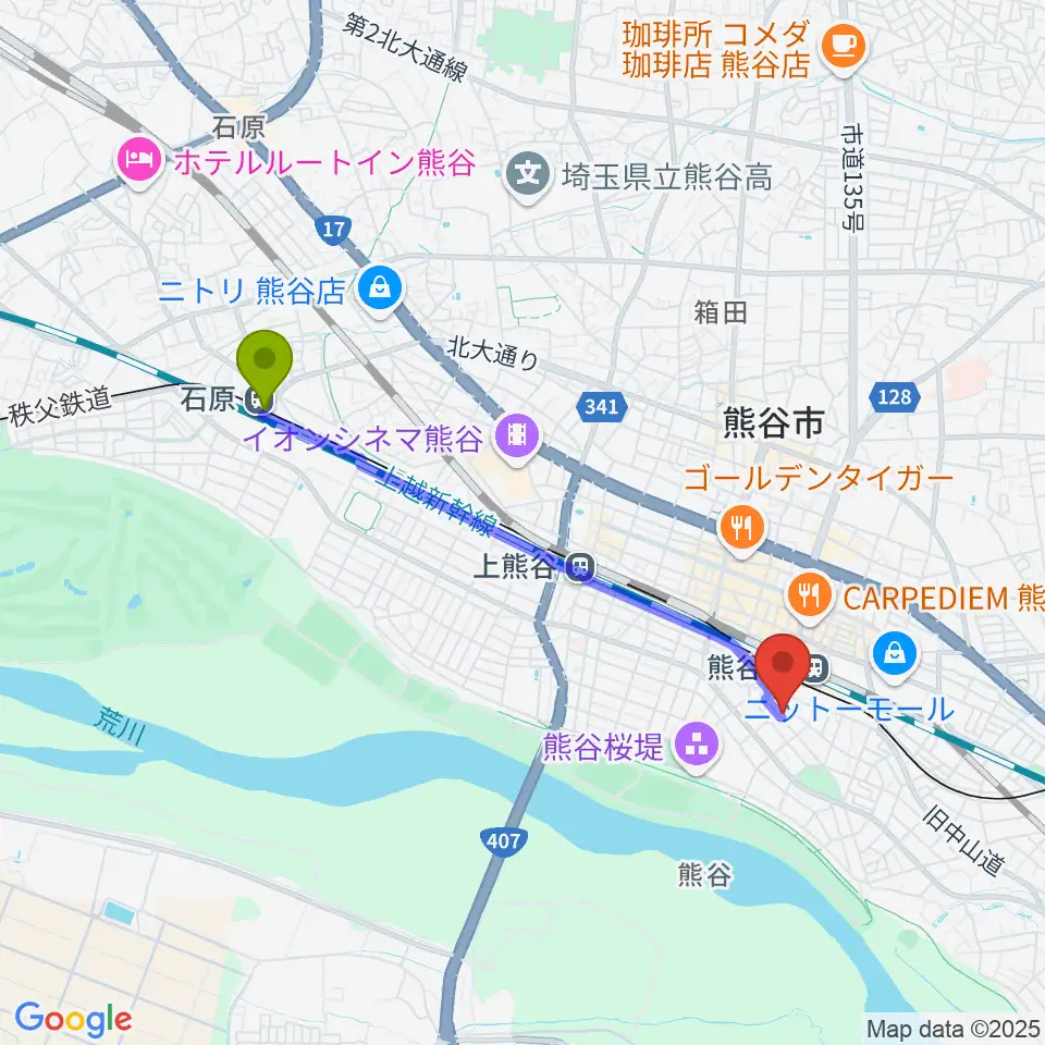 石原駅からアルファ・ミュージックへのルートマップ地図