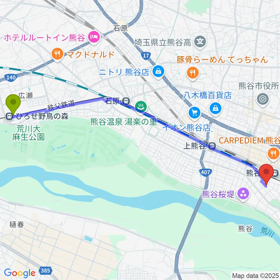 ひろせ野鳥の森駅からアルファ・ミュージックへのルートマップ地図