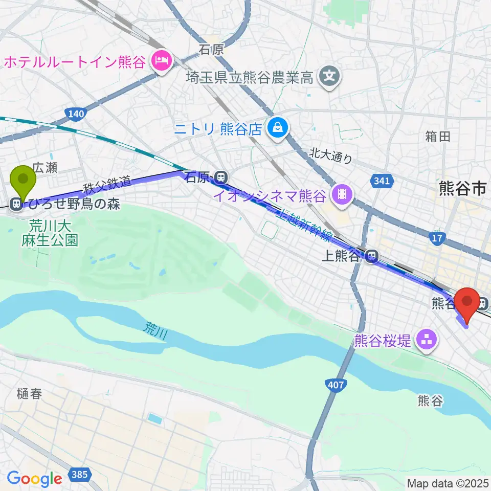 ひろせ野鳥の森駅からアルファ・ミュージックへのルートマップ地図