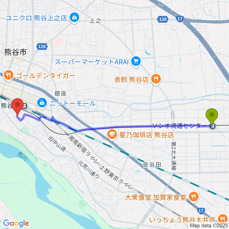 ソシオ流通センター駅からアルファ・ミュージックへのルートマップ地図