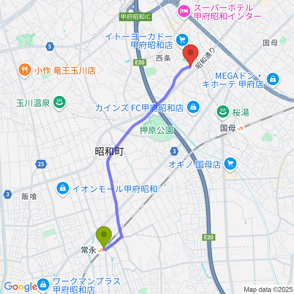 常永駅からユニバーサルピアノ教室ぴのあへのルートマップ地図