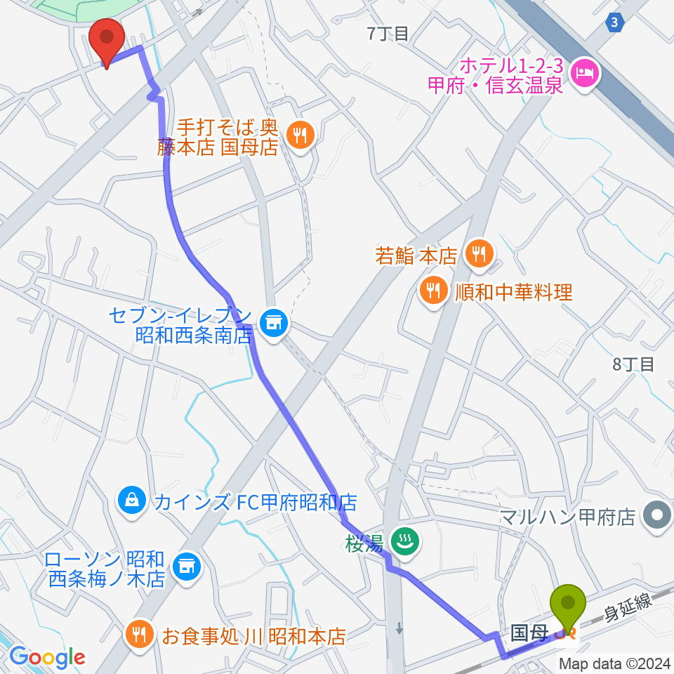 ユニバーサルピアノ教室ぴのあの最寄駅国母駅からの徒歩ルート（約17分）地図