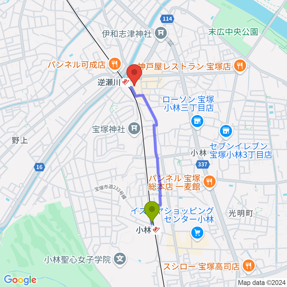 小林駅からJ.カレッジへのルートマップ地図