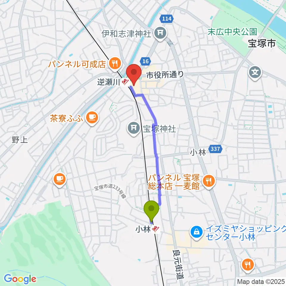小林駅からJ.カレッジへのルートマップ地図