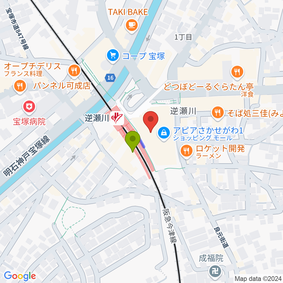 J.カレッジの最寄駅逆瀬川駅からの徒歩ルート（約1分）地図