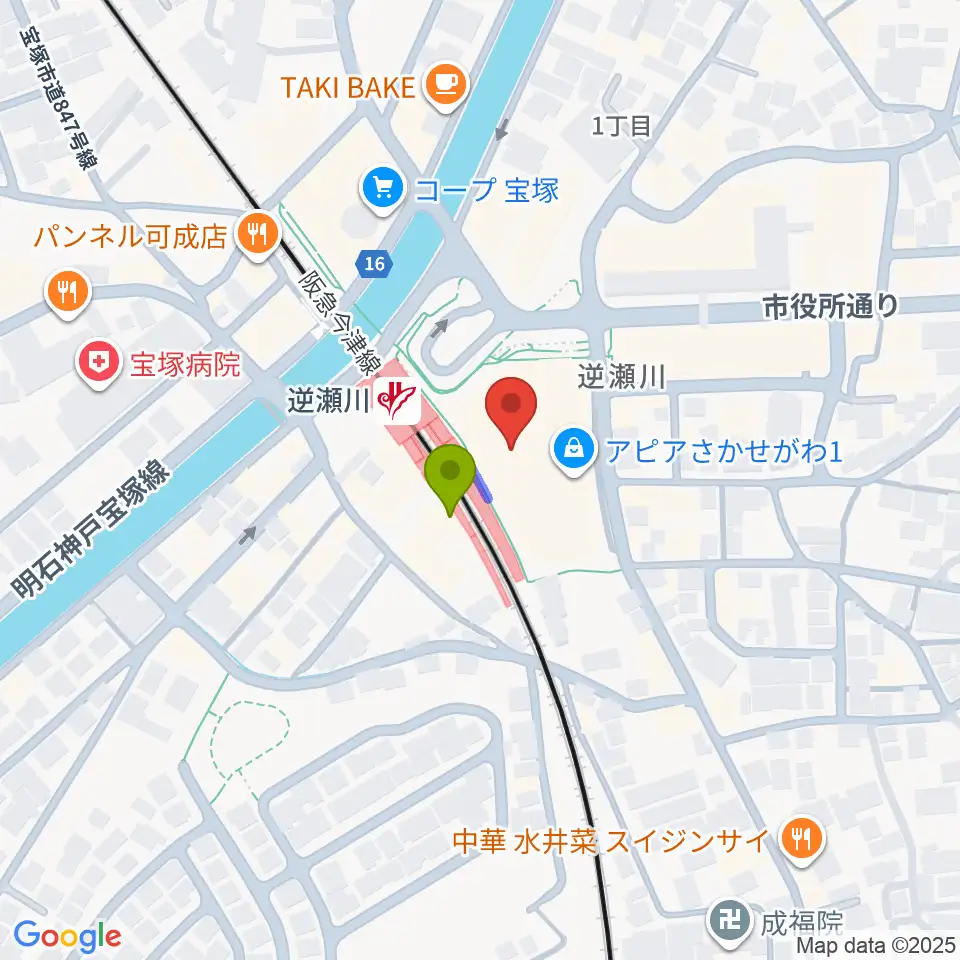 J.カレッジの最寄駅逆瀬川駅からの徒歩ルート（約1分）地図
