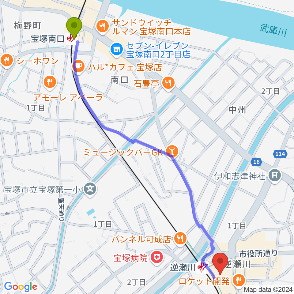 宝塚南口駅からJ.カレッジへのルートマップ地図