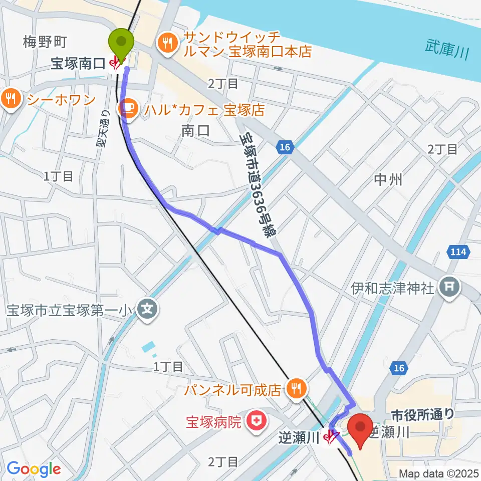 宝塚南口駅からJ.カレッジへのルートマップ地図