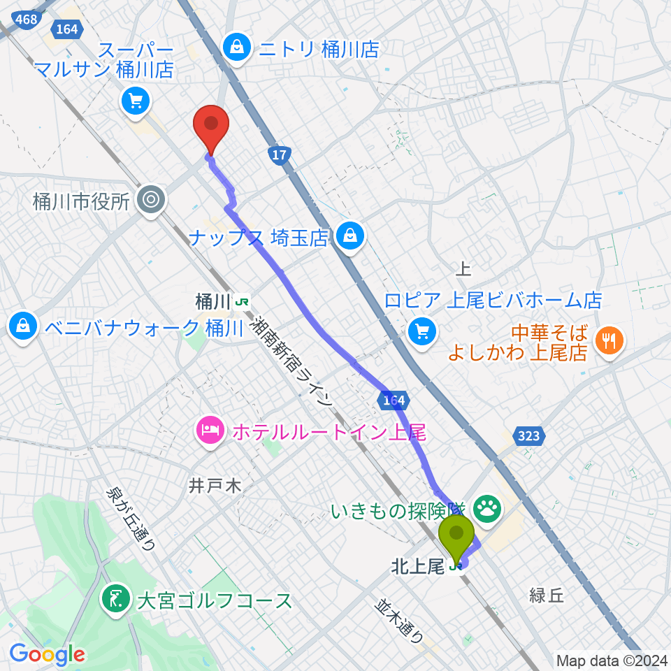 北上尾駅からエチュード音楽教室へのルートマップ地図