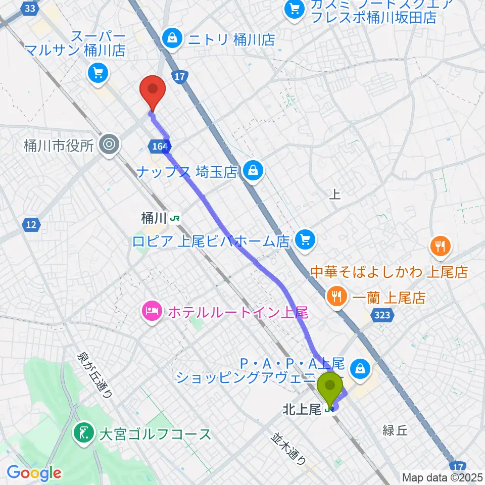 北上尾駅からエチュード音楽教室へのルートマップ地図