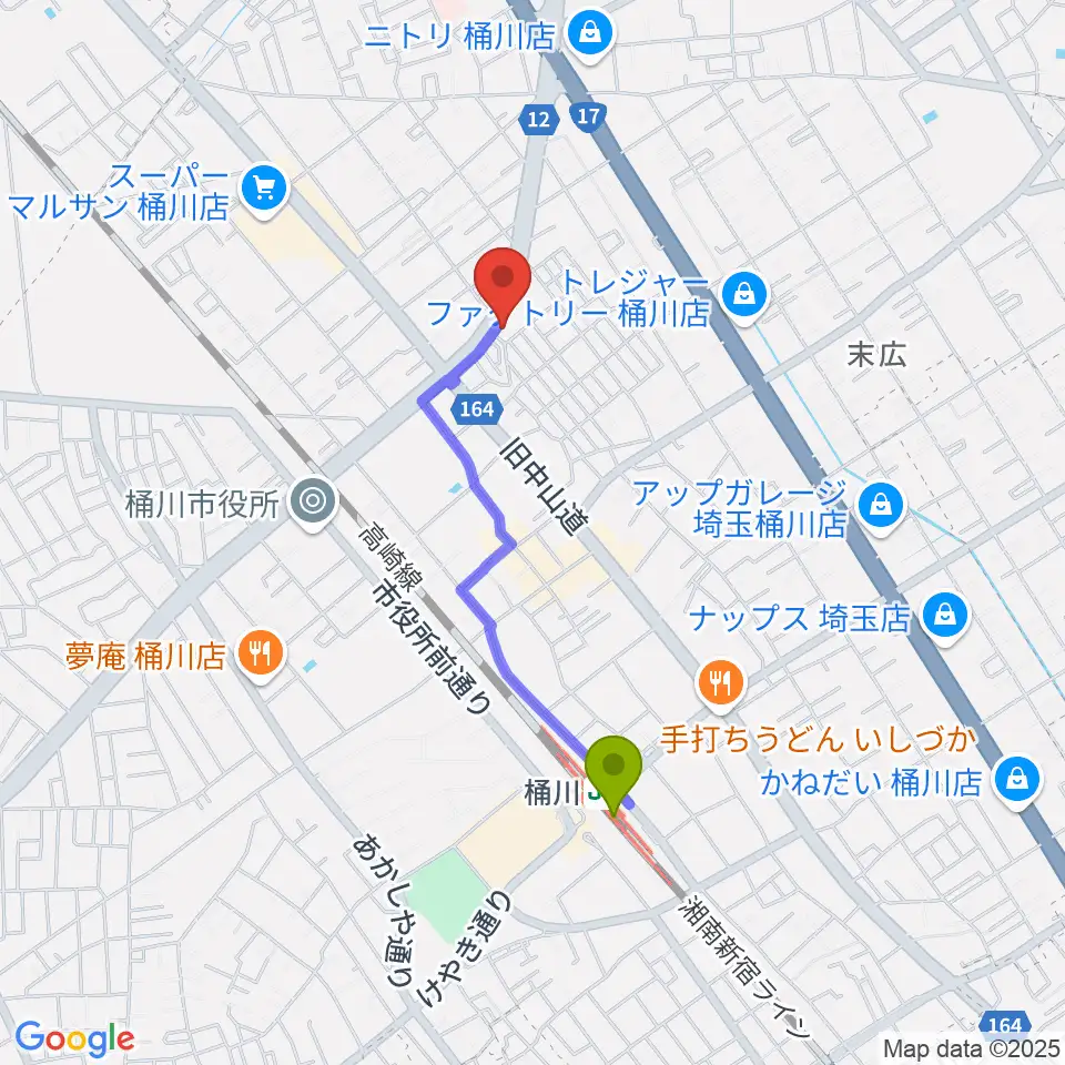 エチュード音楽教室の最寄駅桶川駅からの徒歩ルート（約14分）地図