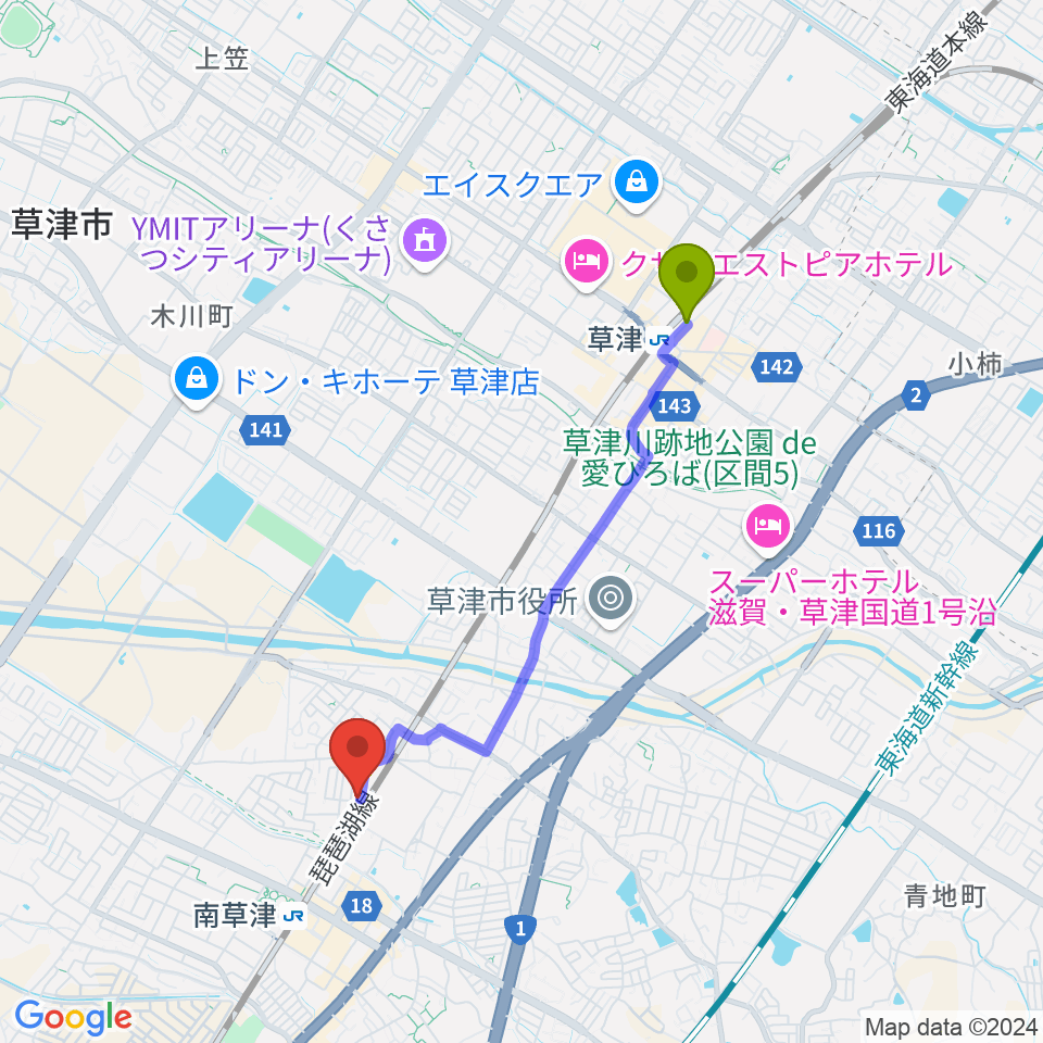 草津駅からいちご音楽教室へのルートマップ地図