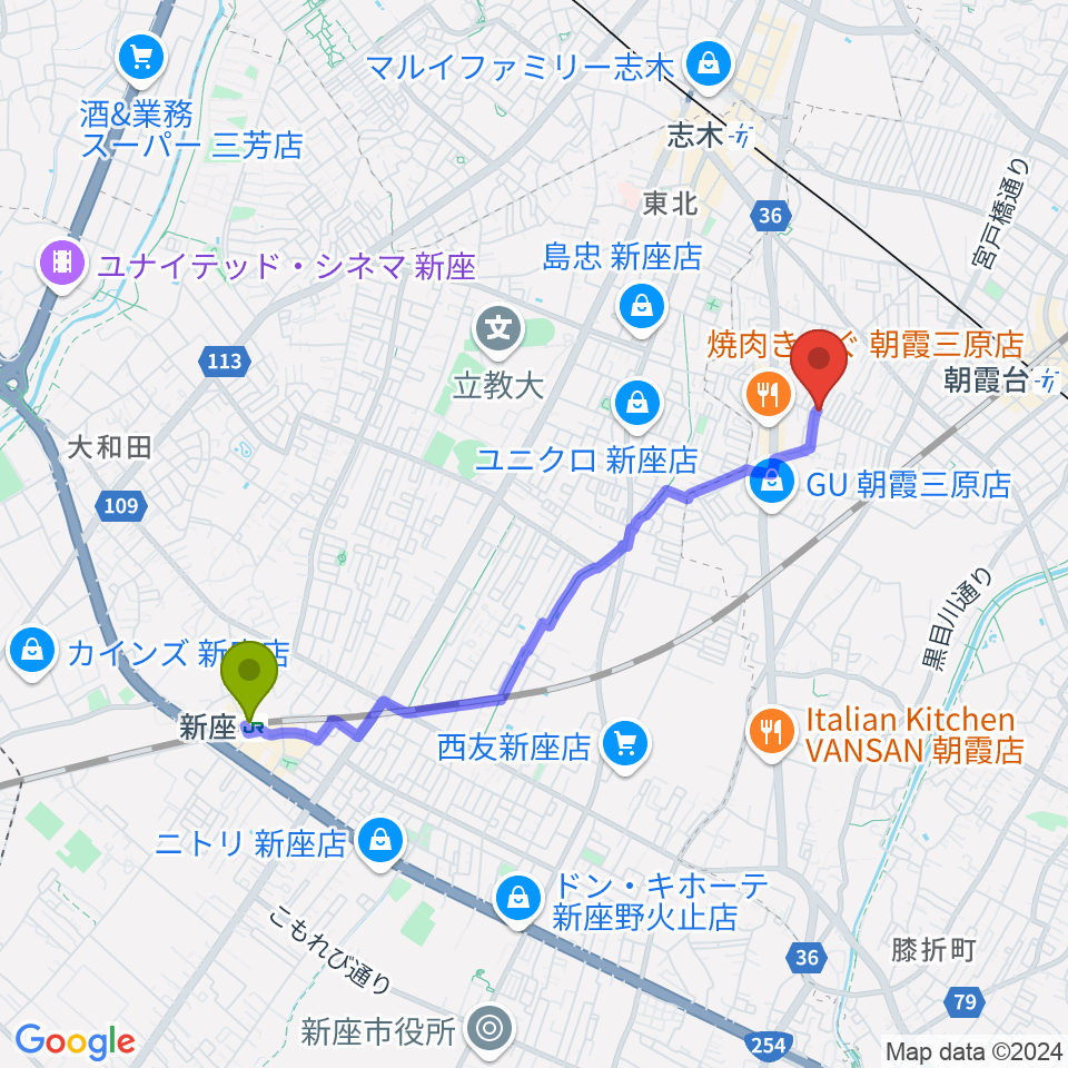 新座駅から斉藤ベース教室へのルートマップ地図