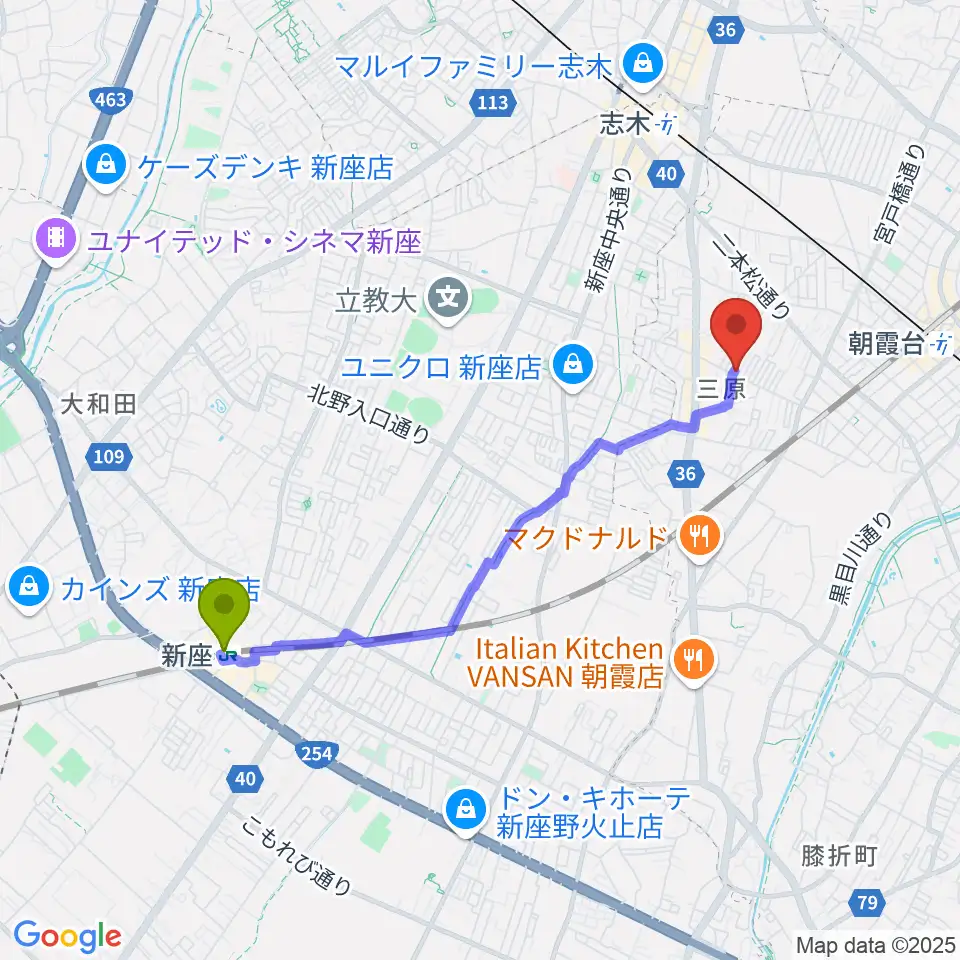新座駅から斉藤ベース教室へのルートマップ地図