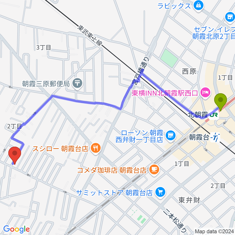 斉藤ベース教室の最寄駅北朝霞駅からの徒歩ルート（約14分）地図