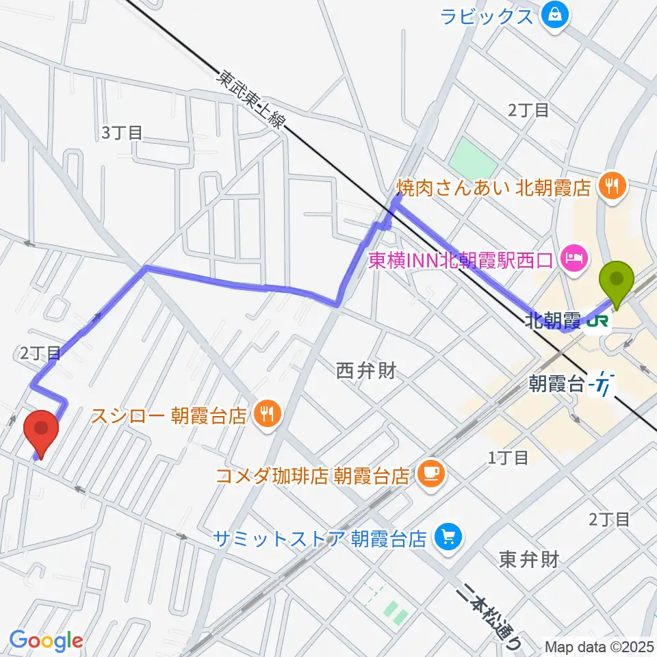 斉藤ベース教室の最寄駅北朝霞駅からの徒歩ルート（約14分）地図