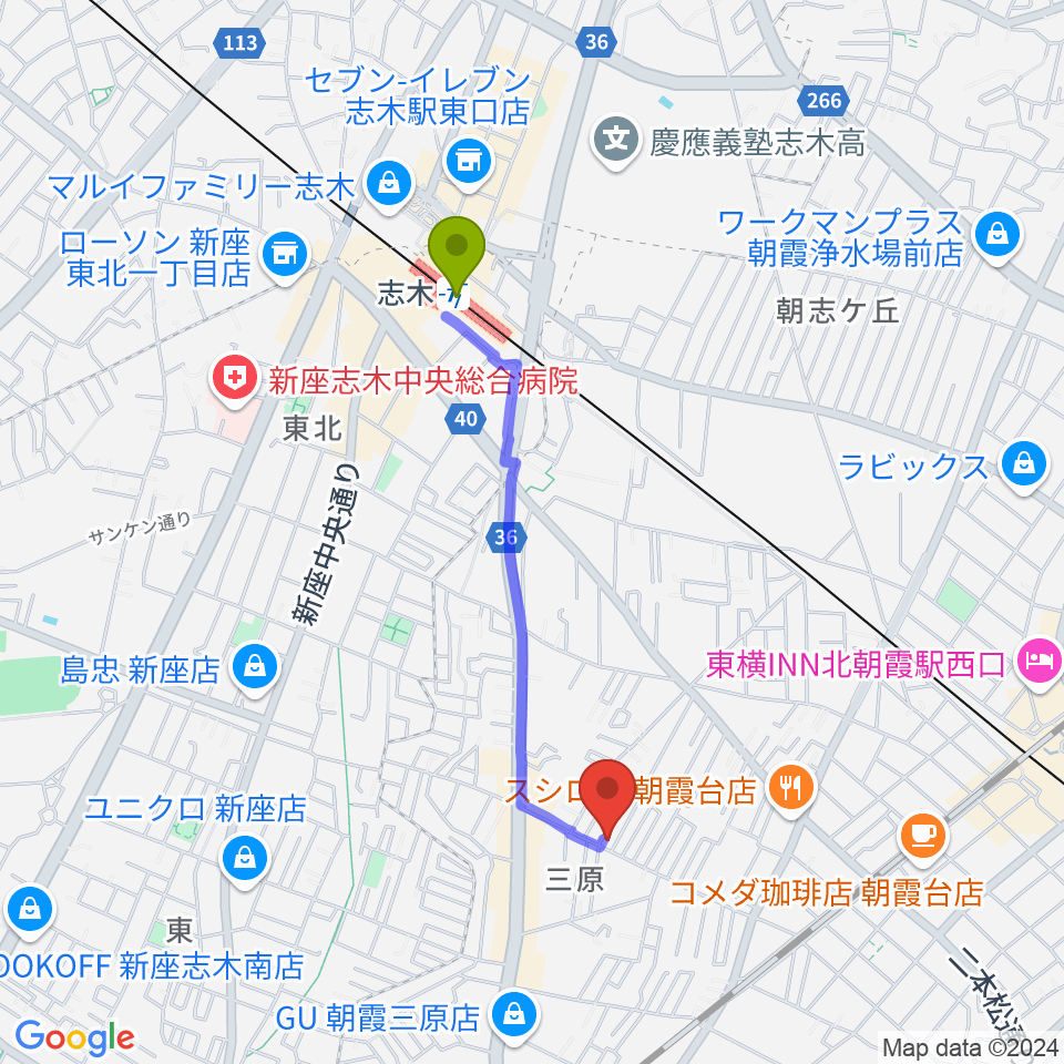 志木駅から斉藤ベース教室へのルートマップ地図