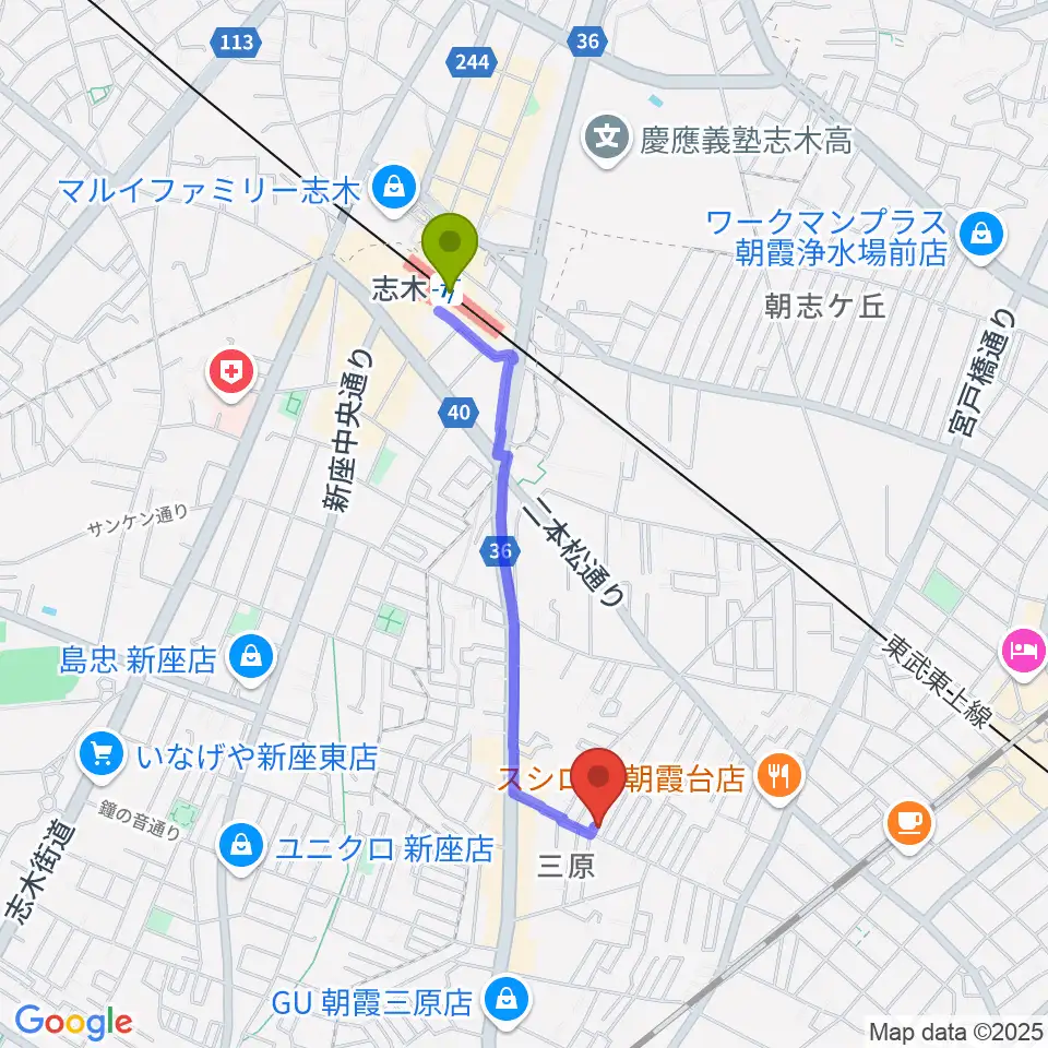 志木駅から斉藤ベース教室へのルートマップ地図